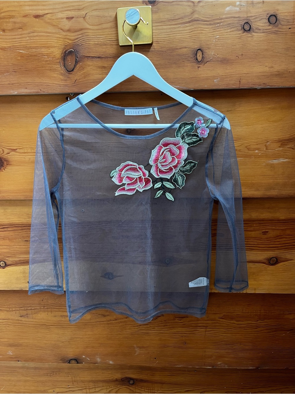 Sheer Grey Mesh Y2K Top with Pink Rose Appliqué